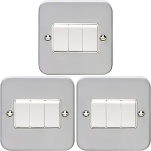 3 PACK 3 Gang Triple Light Switch 2 Way 10A HEAVY DUTY METAL CLAD - White Rocker