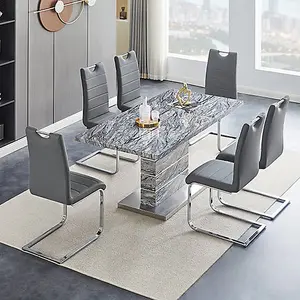 Parini Extendable Melange High Gloss Dining Table 6 Grey Chairs