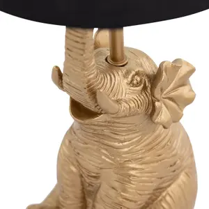 First Choice Lighting Elephant Gold Resin Table Lamp With Black Fabric Shade