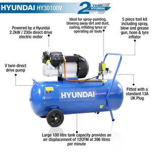 Hyundai 100 Litre Air Compressor, 14CFM/116psi, Silenced, V Twin, Direct Drive 3hp HY30100V