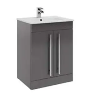 Bathroom 2 Door Floor Standing Vanity Unit with Ceramic Basin 600mm Wide - Storm Grey Gloss  - Brassware Not Included