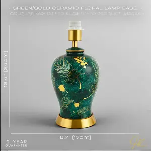 Vivid Emerald Green Ceramic Table Lamp Base with Gold Foil Flowers and Splashes