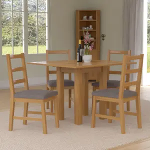 Hallowood Furniture Waverly Small Folding Table with 4 Ladder Back Oak Chairs with Steel Grey Fabric Seats