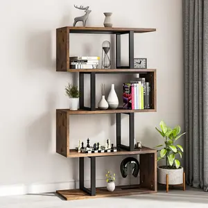 Chaneyra 5-Tier 80 x 143 cm Bookcase, S-Shaped Modern Bookshelf, Decorative Storage Shelving for Living Room HomeOffice, Retro Brown/Black