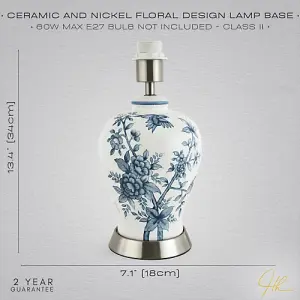 Traditional White Gloss Ceramic Lamp Base with Navy Blue Floral and Bird Decor