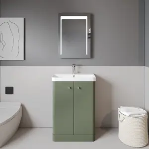 Floor Standing 2 Door Bathroom Vanity Unit with Ceramic Basin - 600mm - Satin Green