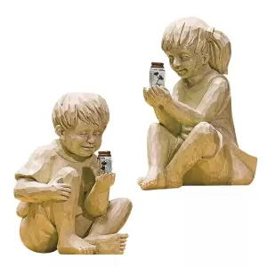 Solar Powered Boy and Girl with Fireflies Statue Resin Home Garden Ornament