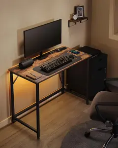 VASAGLE Computer Desk with LED Lights and Built-In Power Outlets, Gaming Desk, Office Desk, Rustic Brown and Ink Black