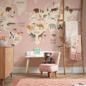 Scandi Safari Map Mural In Pink (300cm x 240cm)