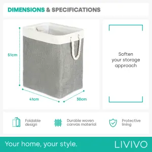 LIVIVO Large Canvas Storage Fabric Laundry Hamper with Rope Handles - Foldable & Waterproof Washing Bin Baskets - Grey