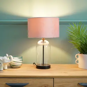 ValueLights Jessy Glass and Black Metal Bedside Table Lamp with a Blush Pink Velvet Lampshade - Bulb Included