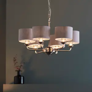 Haywood Brushed Chrome with Natural Linen Shades Classic Modern 6 Light Ceiling Pendant