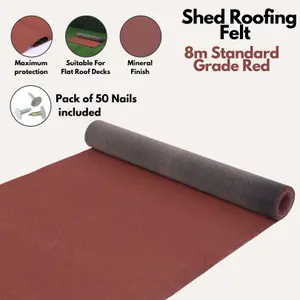 Heavy-Duty Red Mineral Shed Roofing Felt (8m x 1m) - With 13mm Pack of 50 Galvanized Roofing Nails - Standard Grade Roof Felt