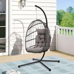 Grey Foldable Single Egg Chair Hanging Basket with Metal Bracket and Seat Cushion