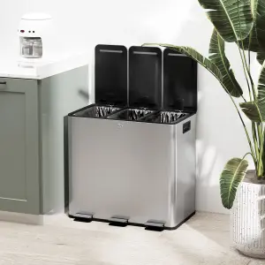 HOMCOM 3 x 15L Triple Kitchen Bin Pedal Bin for Recycling and Waste, Silver