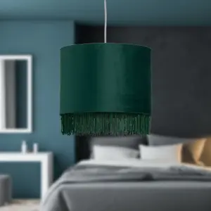 First Choice Lighting Tassel Dark Green Velvet with Gold Inner Easy Fit 25cm Pendant Shade