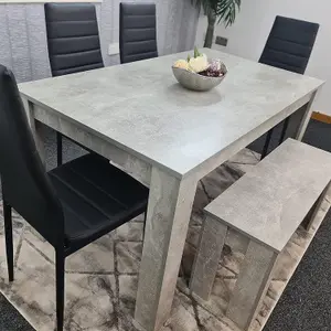 Dining Table and 4 Chairs With Bench Stone Grey Effect Wood Table 4 Black Leather Chairs Dining Room