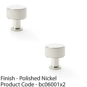 2 PACK - Round Reeded Door Knob 29mm Diameter Polished Nickel Lined Cupboard Pull Handle