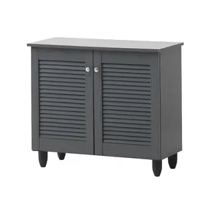 Modern Shoe Storage Cabinet 2 Doors Footwear Stand Rack Unit Cupboard Dark Grey