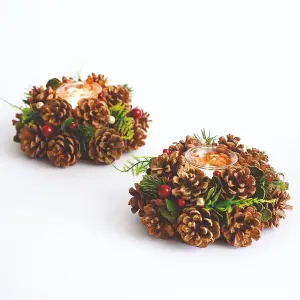 2 x Painswick Natural Pine Tealight Holders - Pinecone & Faux Greenery Candleholder, Tealights Not Included - Each H9 x 19cm