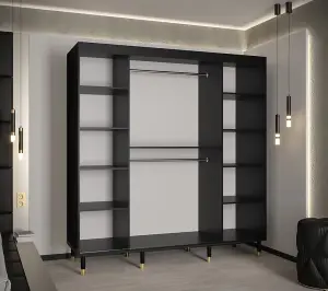 Bergen Contemporary 2 Sliding Door Wardrobe Gold Handles Marble Effect 9 Shelves 2 Rails Black (H)2080mm (W)2000mm (D)620mm