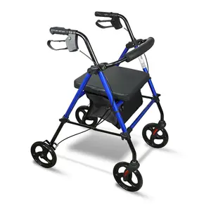 4 Wheeled Rollator - Foldable Height Adjustable Mobility Aid Walking Frame with Seat & Storage Bag - H81-105 x W57 x D90cm, Blue