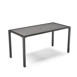 Modern Grey Rectangular Wood Effect WPC Metal Outdoor Dining Table with Umbrella Hole 150 cm