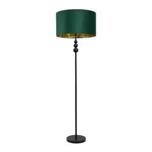 ValueLights Marissa Black Stacked Ball Floor Lamp with Forest Green Velvet with Gold Inner Lamp Shade and Bulb