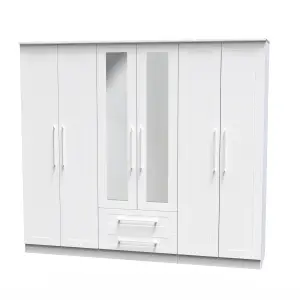 Ripon Tall 6 Door 2 Drawer 2 Mirror Wardrobe in White Ash (Ready Assembled)