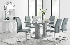 Imperia Grey High Gloss 6 Seater Dining Table with Structural 2 Plinth Column Legs 6 Grey Faux Leather Lorenzo Cantilever Chairs