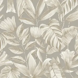 Grandeco Boutique Merida Botanical Leaves Texture Embossed Wallpaper, Grey