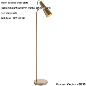 1630mm Floor Lamp - Warm Antique Brass Adjustable Head Task - Standing LED Light Base & Shade