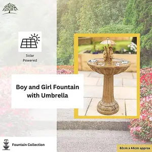 Solar Powered Boy & Girl Umbrella Water Fountain Rustic Traditional Water Feature