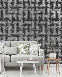 Holden Metallic Glistening Industrial Maze Geometric Geo Wallpaper Roll Black Silver 12912