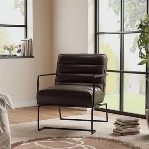 Brown Mid-Century Armchair PU Leather Upholstered Accent Chair with Metal Legs and Armrest