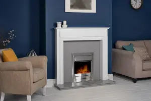 Adam Honley Fireplace in Pure White & Grey with Downlights & Colorado Electric Fire in Brushed steel, 48 Inch