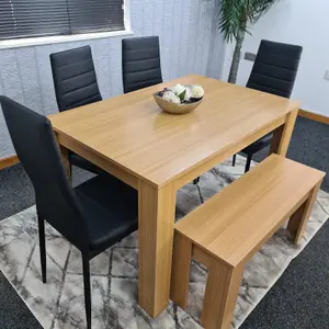 Kitchen Dining Table With 4 Chairs 1 Bench Dining Table Room Set 6 Wooden OAK Effect Table 4 Black Chairs 1 OAK Bench Kosy Koala