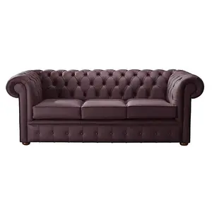 Chesterfield 3 Seater Shelly Dark Grape Leather Sofa Bespoke In Classic Style