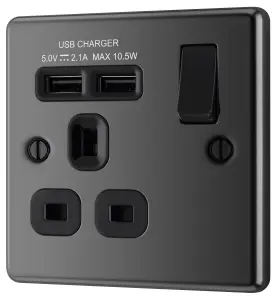 GoodHome Black Nickel Single 13A Raised rounded Switched Screwed Socket with USB, x2 & Black inserts