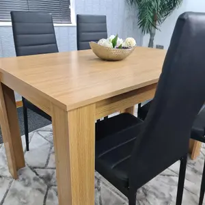 Dining Table and 4 Chairs Oak Effect Wood 4 Black Leather Chairs Dining Room