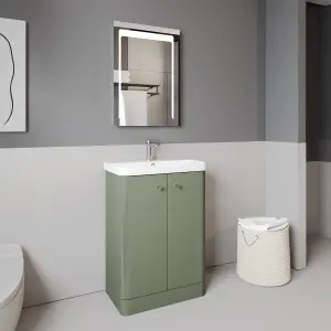 Floor Standing 2 Door Bathroom Vanity Unit with Ceramic Basin - 600mm - Satin Green