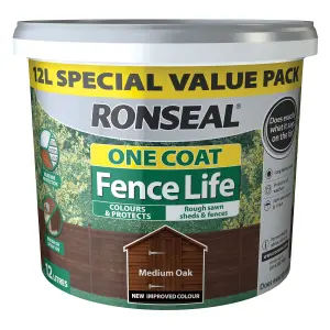 Ronseal One Coat Fence Life Medium oak Matt Exterior Wood paint, 12L Tub