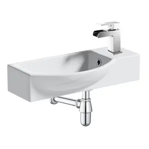 460mm Curved Wall Hung 1 Tap Hole Basin Chrome Waterfall Tap & Bottle Trap Waste