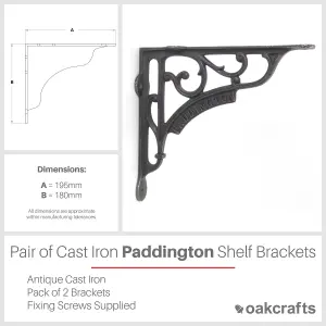 Oakcrafts - Pair of Antique Cast Iron London Paddington Shelf Brackets - 195mm x 180mm