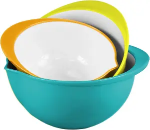 simpa 3PC Plastic Mixing Bowls Set with Pouring Spout: Turquoise, Yellow & Orange.