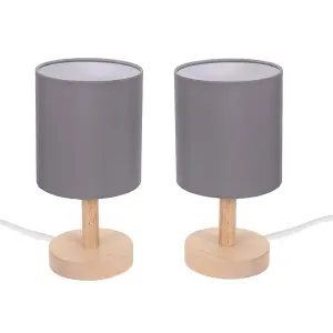 ValueLights Nelly Set of 2 - Natural Wood Base Bedside Table Lamps with Grey Cylinder Fabric Lampshade for Bedroom Light