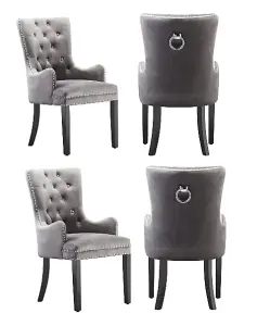 Set of 4 Windsor Knocker Back Dining Chairs Velvet Dining Room Chair w/ Armrest, Dark Grey