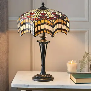 Tiffany Glass Table Lamp Light Dark Bronze & Multi Colour Scalloped Shade i00231