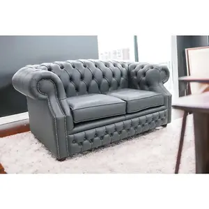 Chesterfield 2 Seater Vele Charcoal Grey Leather Sofa In Buckingham Style