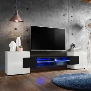 Merano Wide TV Unit with Storage & Led Lighting - Black Gloss / White Matt